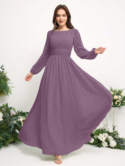 Boat Neck Long Sleeve Chiffon Maxi Dress | Elegant A-Line Bridesmaid & Wedding Guest Dress #color_orchid-mist