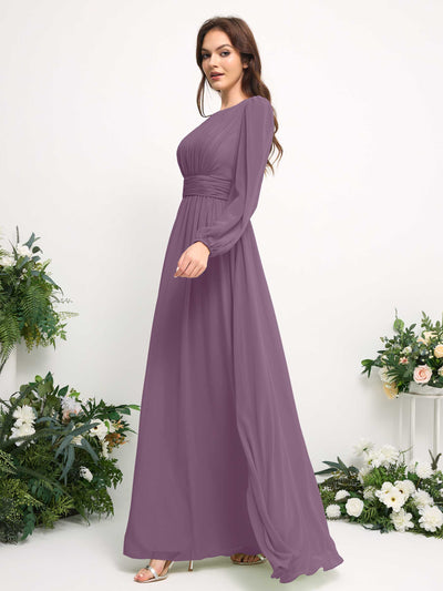 Boat Neck Long Sleeve Chiffon Maxi Dress | Elegant A-Line Bridesmaid & Wedding Guest Dress #color_orchid-mist