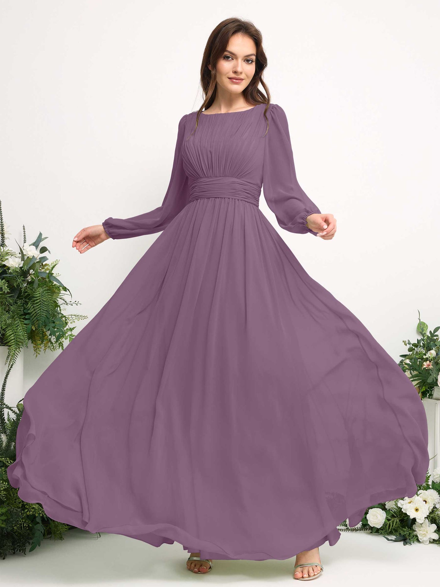 Boat Neck Long Sleeve Chiffon Maxi Dress | Elegant A-Line Bridesmaid & Wedding Guest Dress #color_orchid-mist