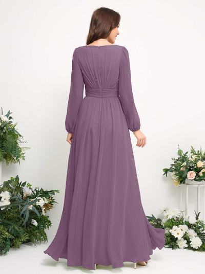Boat Neck Long Sleeve Chiffon Maxi Dress | Elegant A-Line Bridesmaid & Wedding Guest Dress #color_orchid-mist