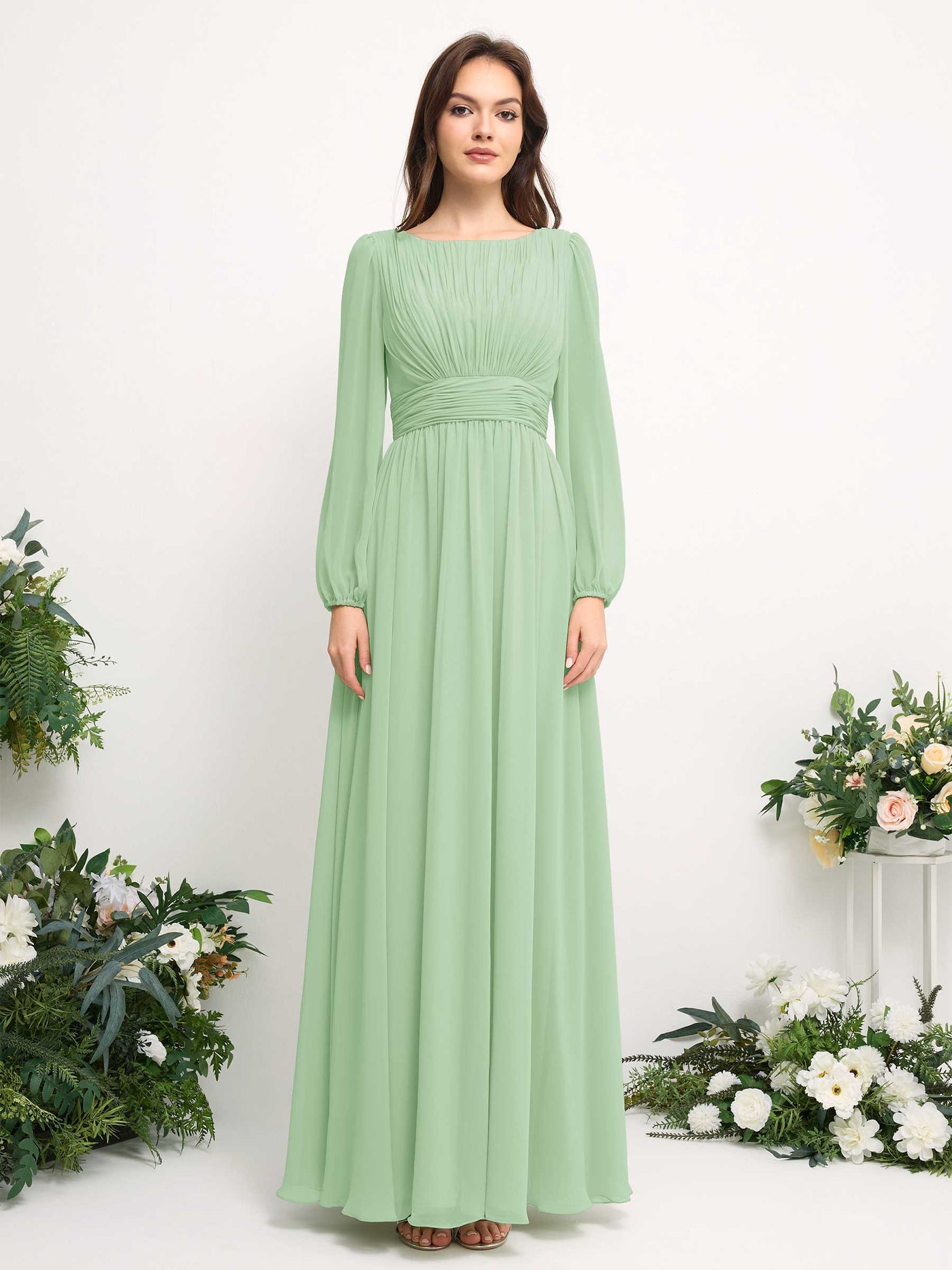 Boat Neck Long Sleeve Chiffon Maxi Dress | Elegant A-Line Bridesmaid & Wedding Guest Dress #color_mint-green