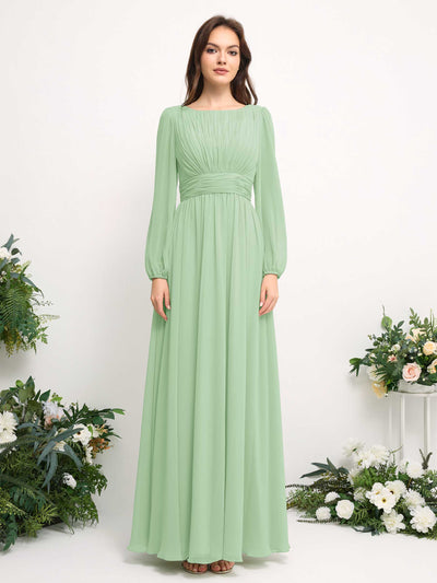 Boat Neck Long Sleeve Chiffon Maxi Dress | Elegant A-Line Bridesmaid & Wedding Guest Dress #color_mint-green
