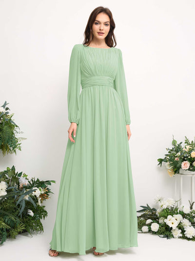 Boat Neck Long Sleeve Chiffon Maxi Dress | Elegant A-Line Bridesmaid & Wedding Guest Dress #color_mint-green