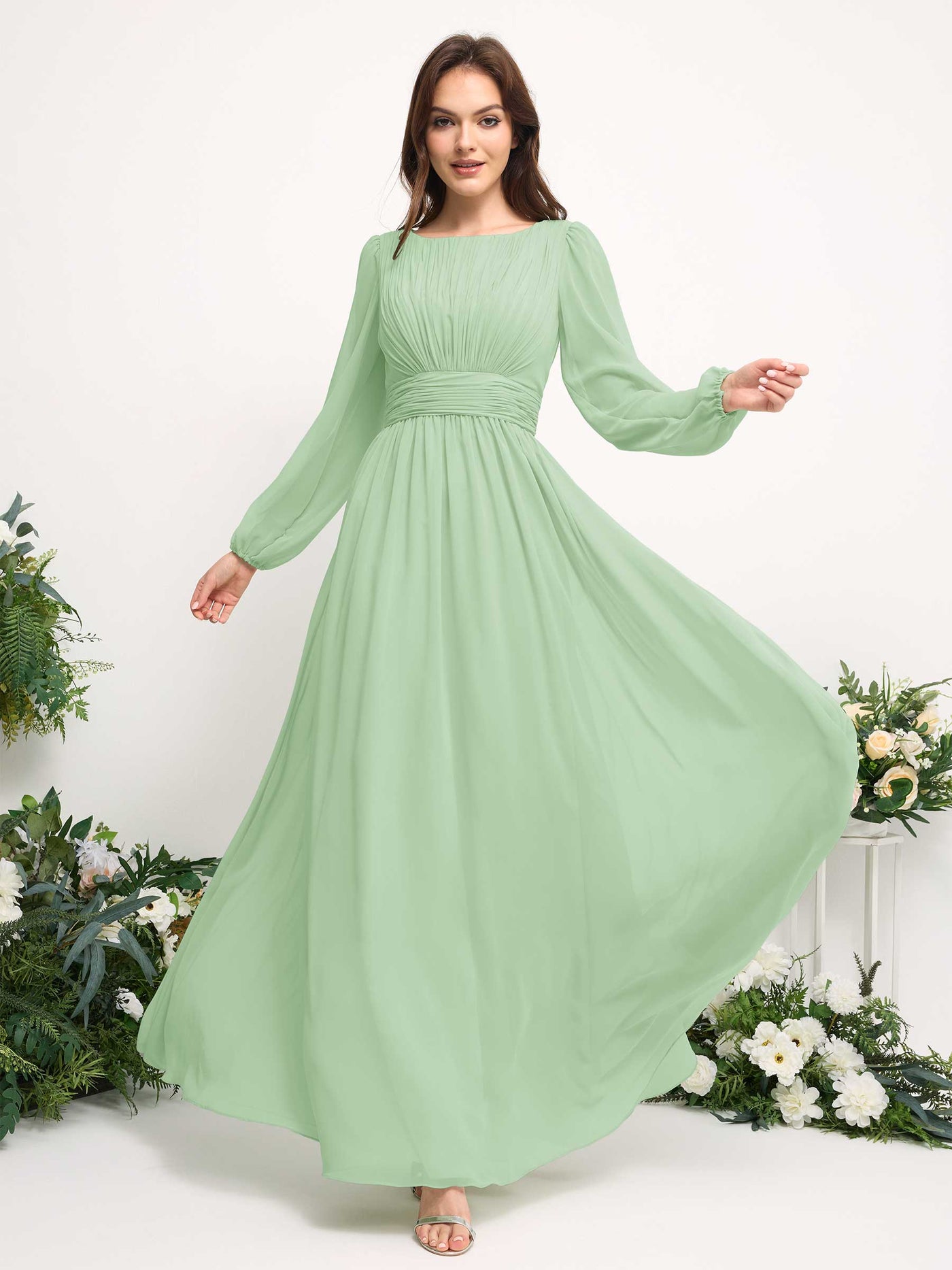 Boat Neck Long Sleeve Chiffon Maxi Dress | Elegant A-Line Bridesmaid & Wedding Guest Dress #color_mint-green
