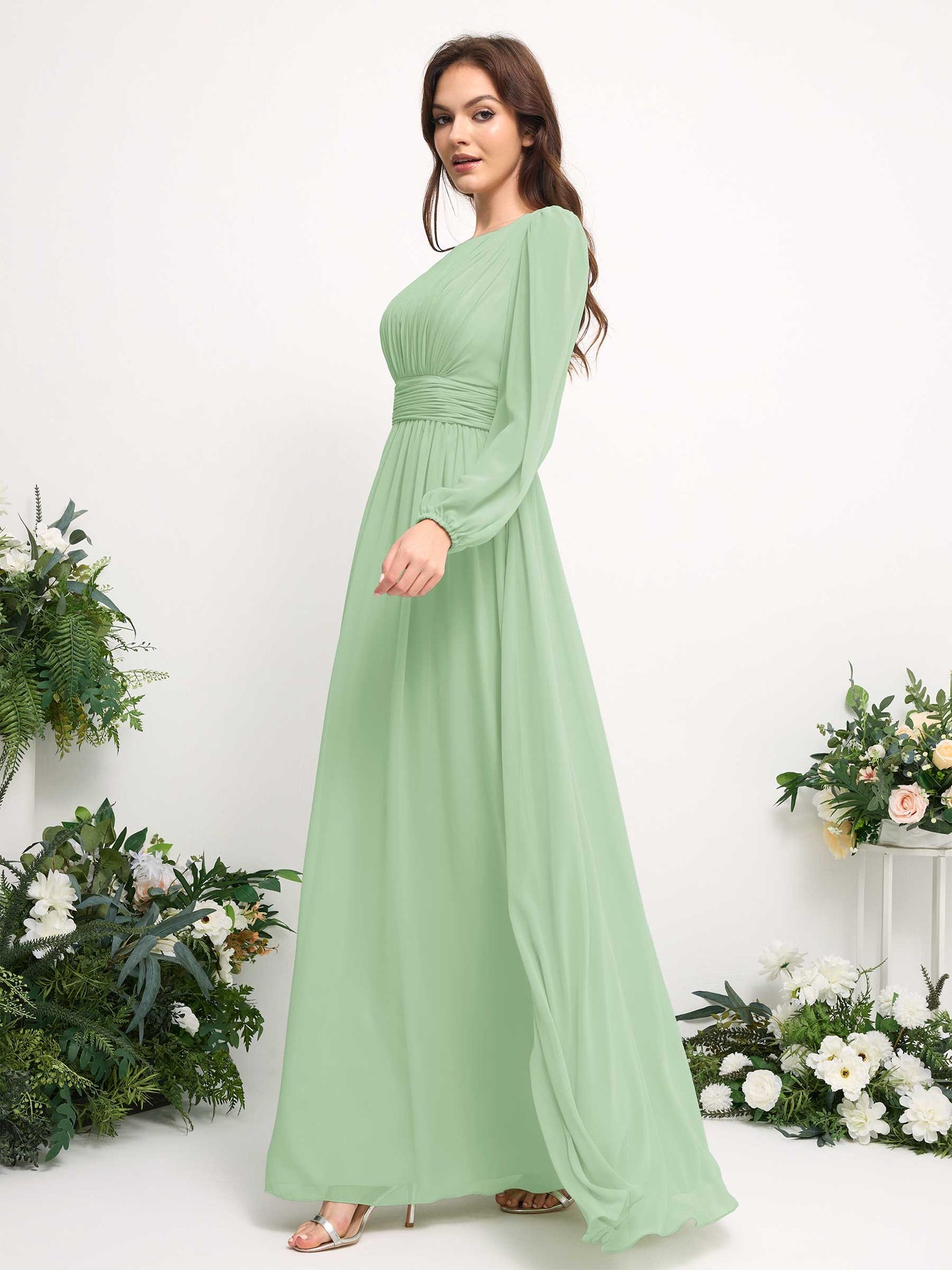 Boat Neck Long Sleeve Chiffon Maxi Dress | Elegant A-Line Bridesmaid & Wedding Guest Dress #color_mint-green
