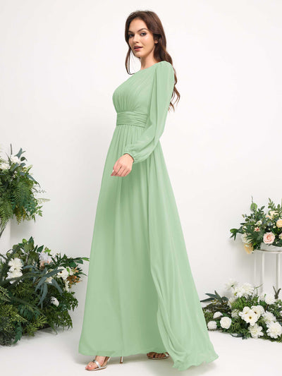 Boat Neck Long Sleeve Chiffon Maxi Dress | Elegant A-Line Bridesmaid & Wedding Guest Dress #color_mint-green
