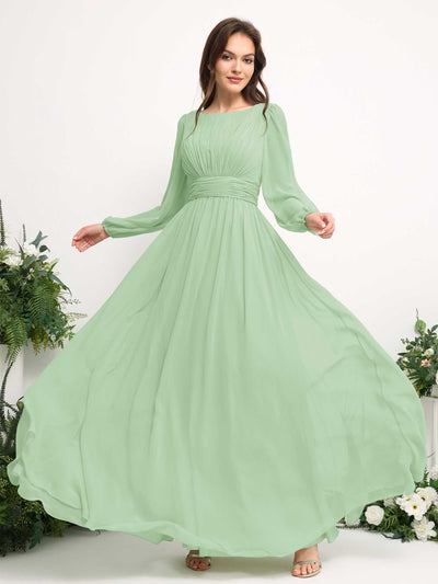 Boat Neck Long Sleeve Chiffon Maxi Dress | Elegant A-Line Bridesmaid & Wedding Guest Dress #color_mint-green