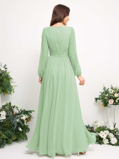 Boat Neck Long Sleeve Chiffon Maxi Dress | Elegant A-Line Bridesmaid & Wedding Guest Dress #color_mint-green