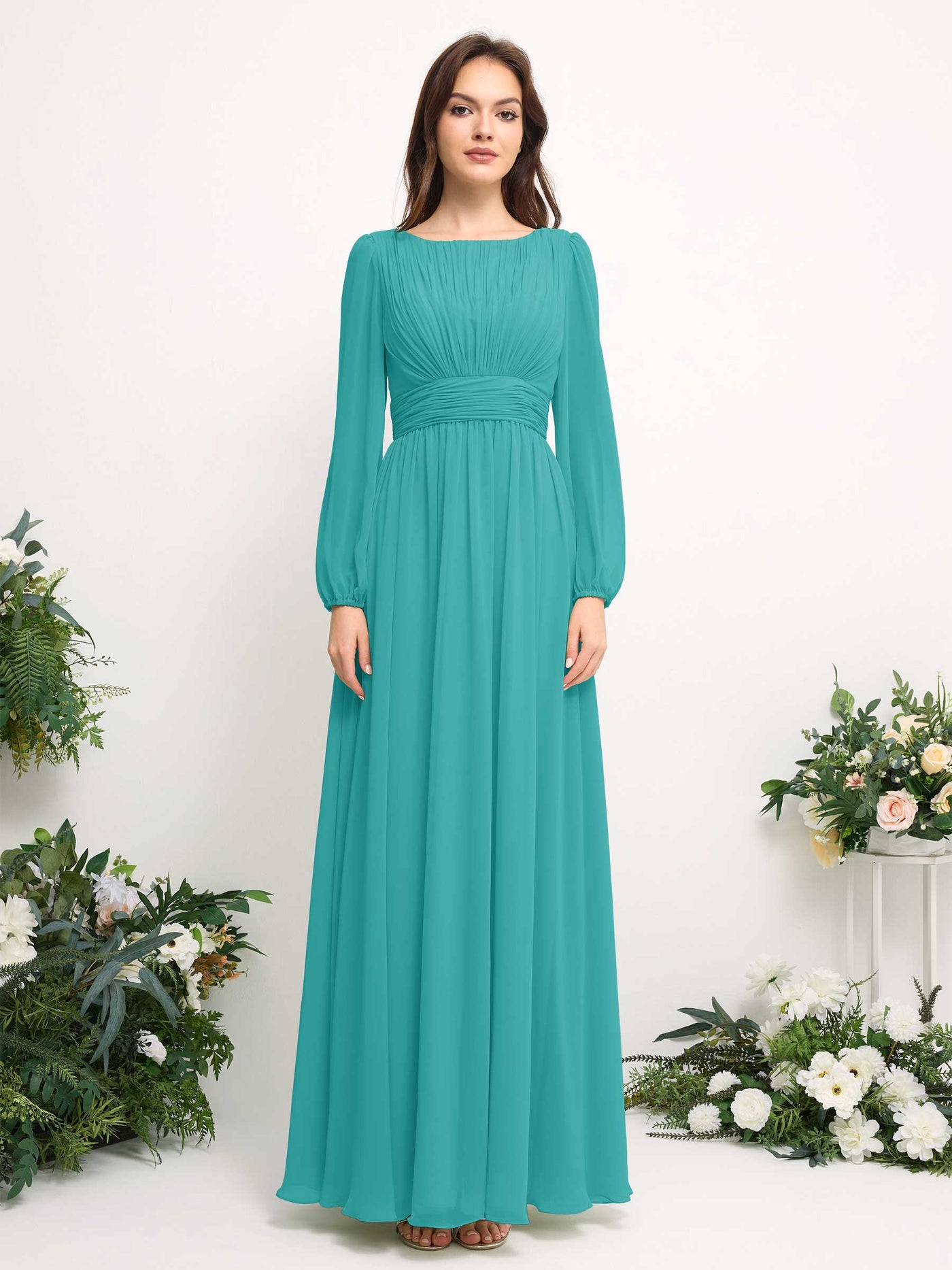 Boat Neck Long Sleeve Chiffon Maxi Dress | Elegant A-Line Bridesmaid & Wedding Guest Dress #color_turquoise