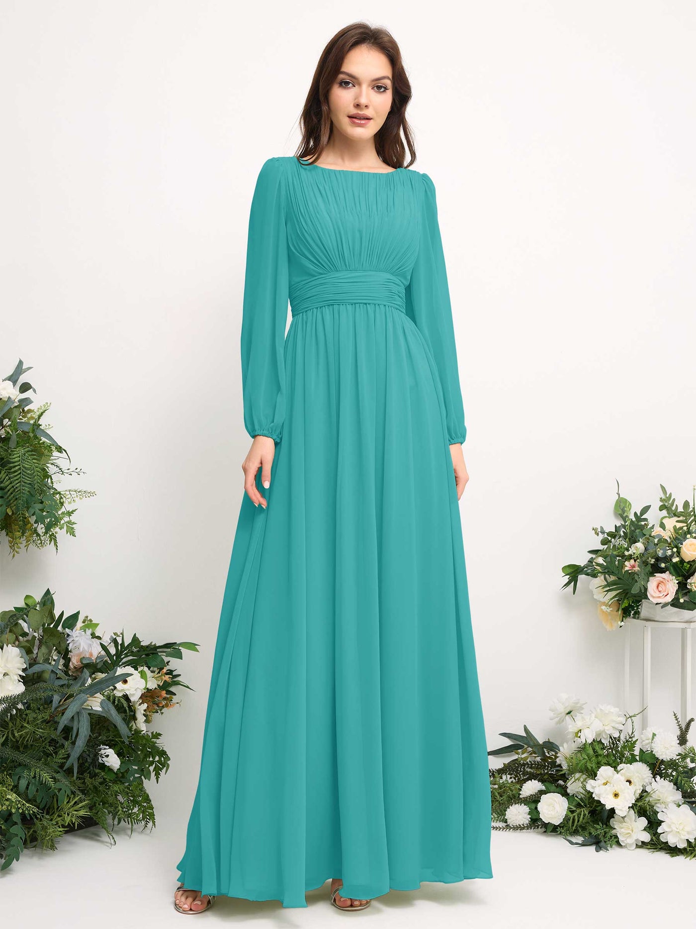 Boat Neck Long Sleeve Chiffon Maxi Dress | Elegant A-Line Bridesmaid & Wedding Guest Dress #color_turquoise