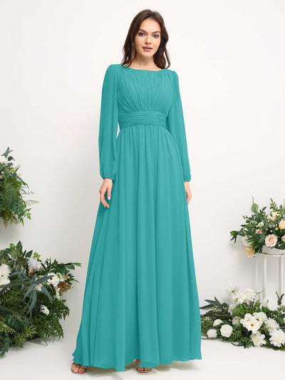 Boat Neck Long Sleeve Chiffon Maxi Dress | Elegant A-Line Bridesmaid & Wedding Guest Dress #color_turquoise