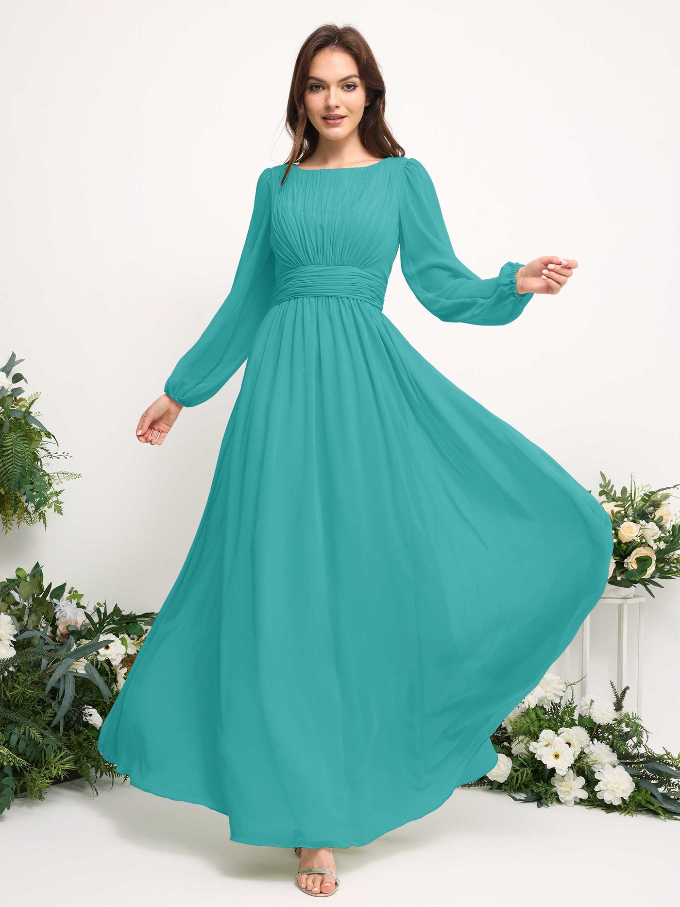 Boat Neck Long Sleeve Chiffon Maxi Dress | Elegant A-Line Bridesmaid & Wedding Guest Dress #color_turquoise