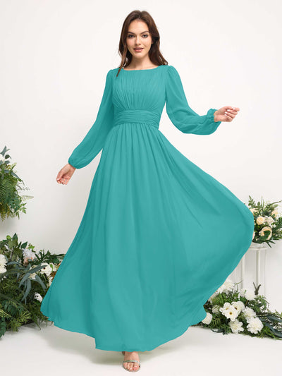 Boat Neck Long Sleeve Chiffon Maxi Dress | Elegant A-Line Bridesmaid & Wedding Guest Dress #color_turquoise