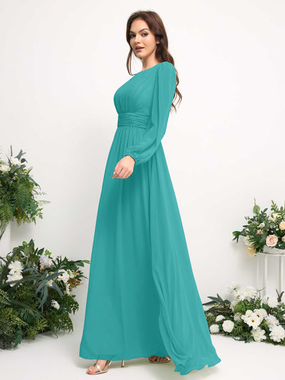 Boat Neck Long Sleeve Chiffon Maxi Dress | Elegant A-Line Bridesmaid & Wedding Guest Dress #color_turquoise