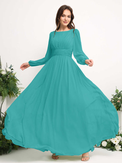 Boat Neck Long Sleeve Chiffon Maxi Dress | Elegant A-Line Bridesmaid & Wedding Guest Dress #color_turquoise