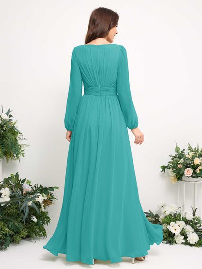Boat Neck Long Sleeve Chiffon Maxi Dress | Elegant A-Line Bridesmaid & Wedding Guest Dress #color_turquoise