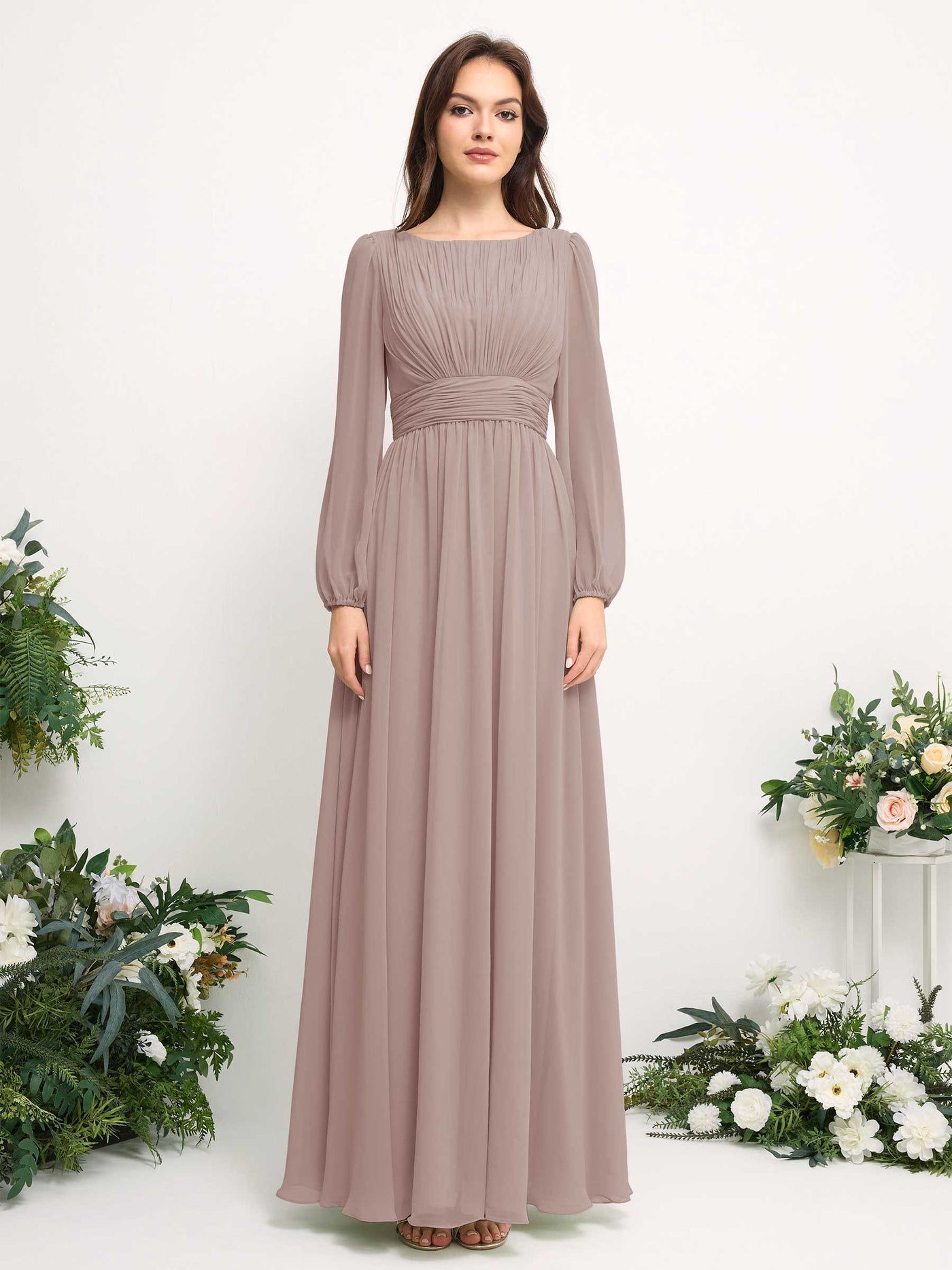Boat Neck Long Sleeve Chiffon Maxi Dress | Elegant A-Line Bridesmaid & Wedding Guest Dress #color_taupe