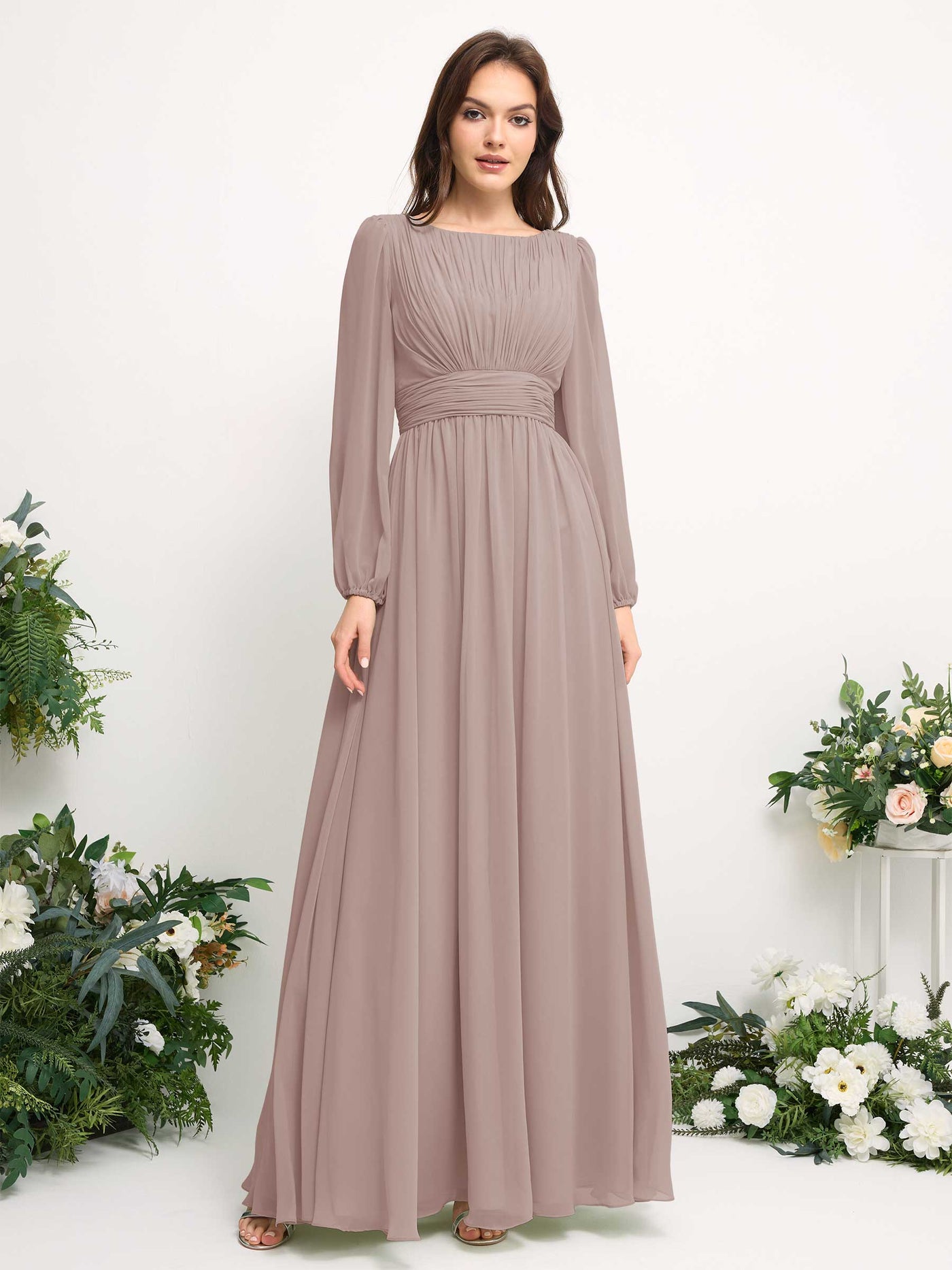 Boat Neck Long Sleeve Chiffon Maxi Dress | Elegant A-Line Bridesmaid & Wedding Guest Dress #color_taupe