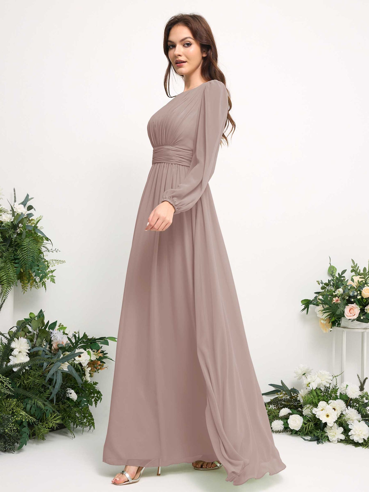 Boat Neck Long Sleeve Chiffon Maxi Dress | Elegant A-Line Bridesmaid & Wedding Guest Dress #color_taupe