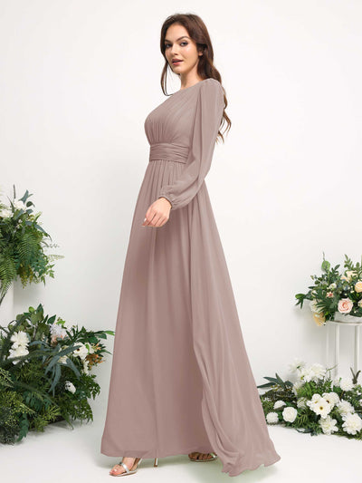Boat Neck Long Sleeve Chiffon Maxi Dress | Elegant A-Line Bridesmaid & Wedding Guest Dress #color_taupe