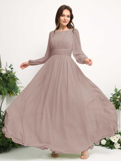 Boat Neck Long Sleeve Chiffon Maxi Dress | Elegant A-Line Bridesmaid & Wedding Guest Dress #color_taupe