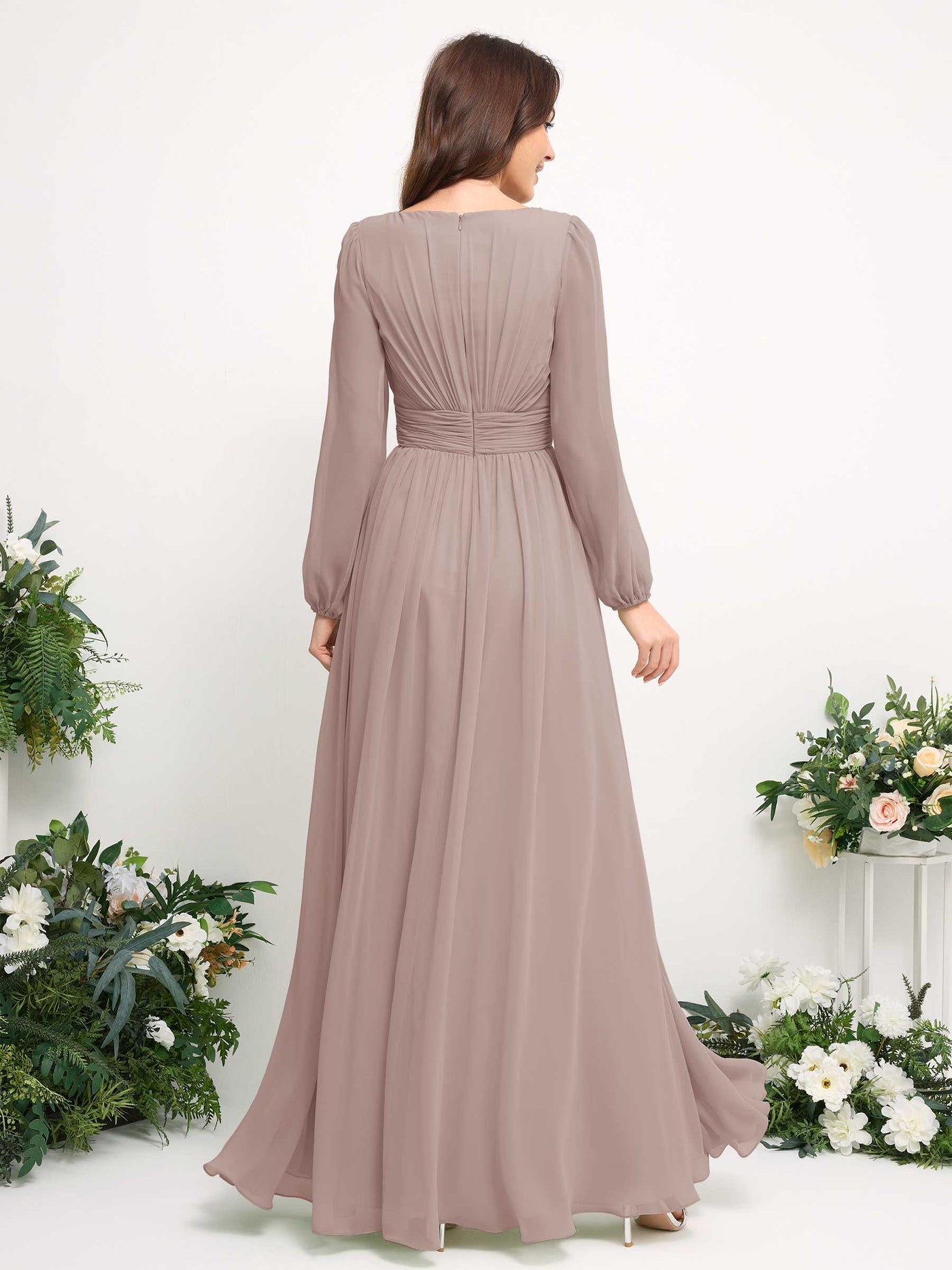 Boat Neck Long Sleeve Chiffon Maxi Dress | Elegant A-Line Bridesmaid & Wedding Guest Dress #color_taupe