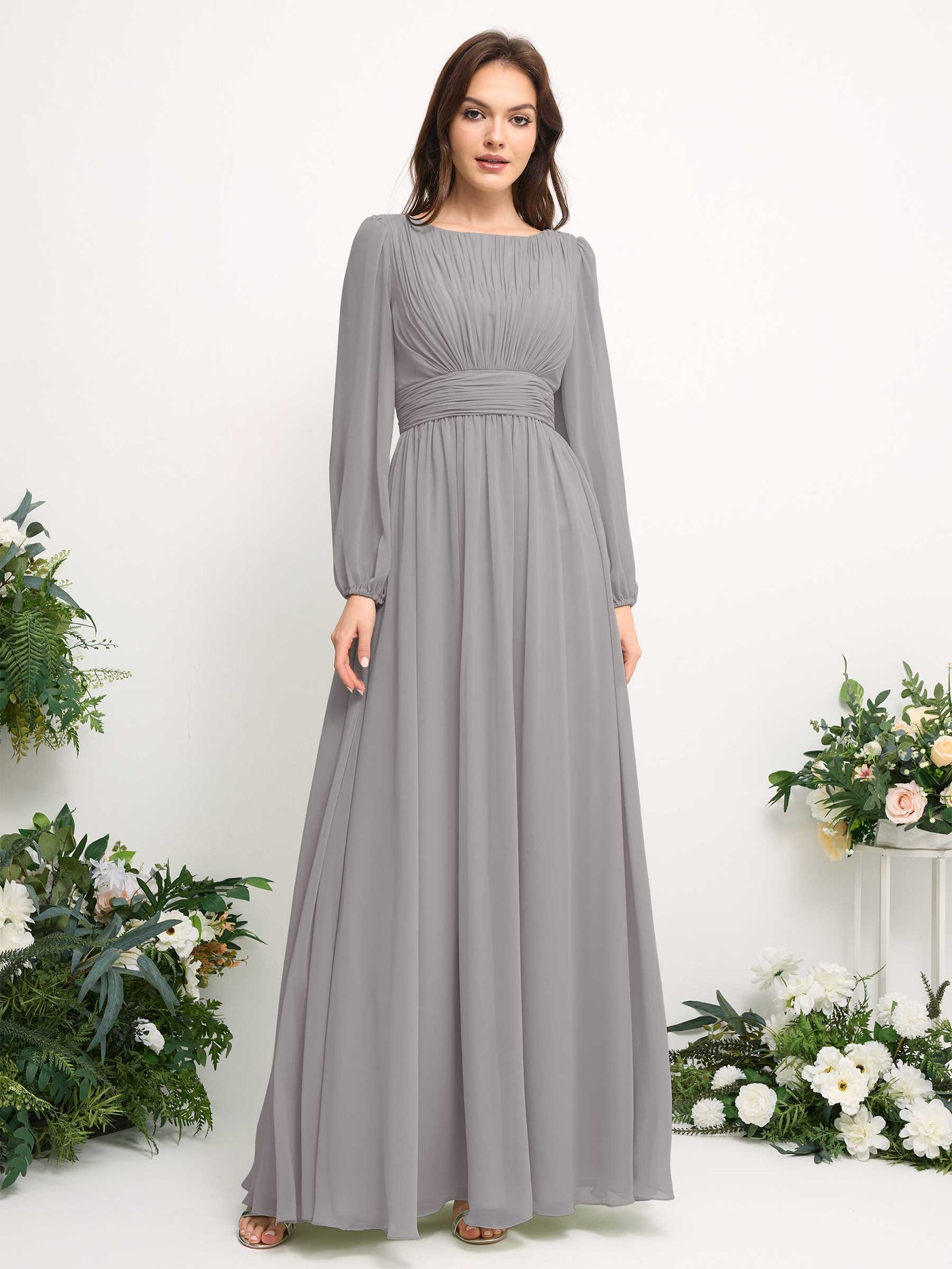 Boat Neck Long Sleeve Chiffon Maxi Dress | Elegant A-Line Bridesmaid & Wedding Guest Dress #color_dove