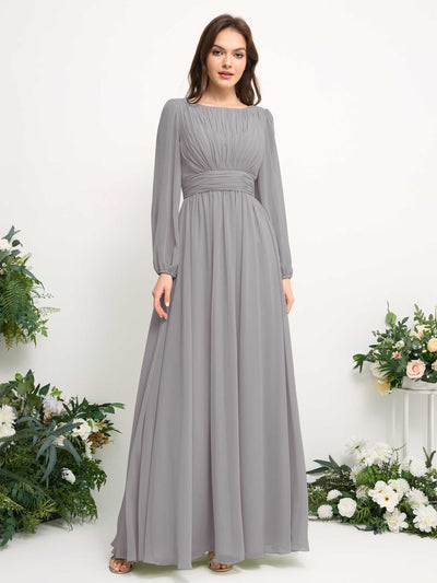 Boat Neck Long Sleeve Chiffon Maxi Dress | Elegant A-Line Bridesmaid & Wedding Guest Dress #color_dove
