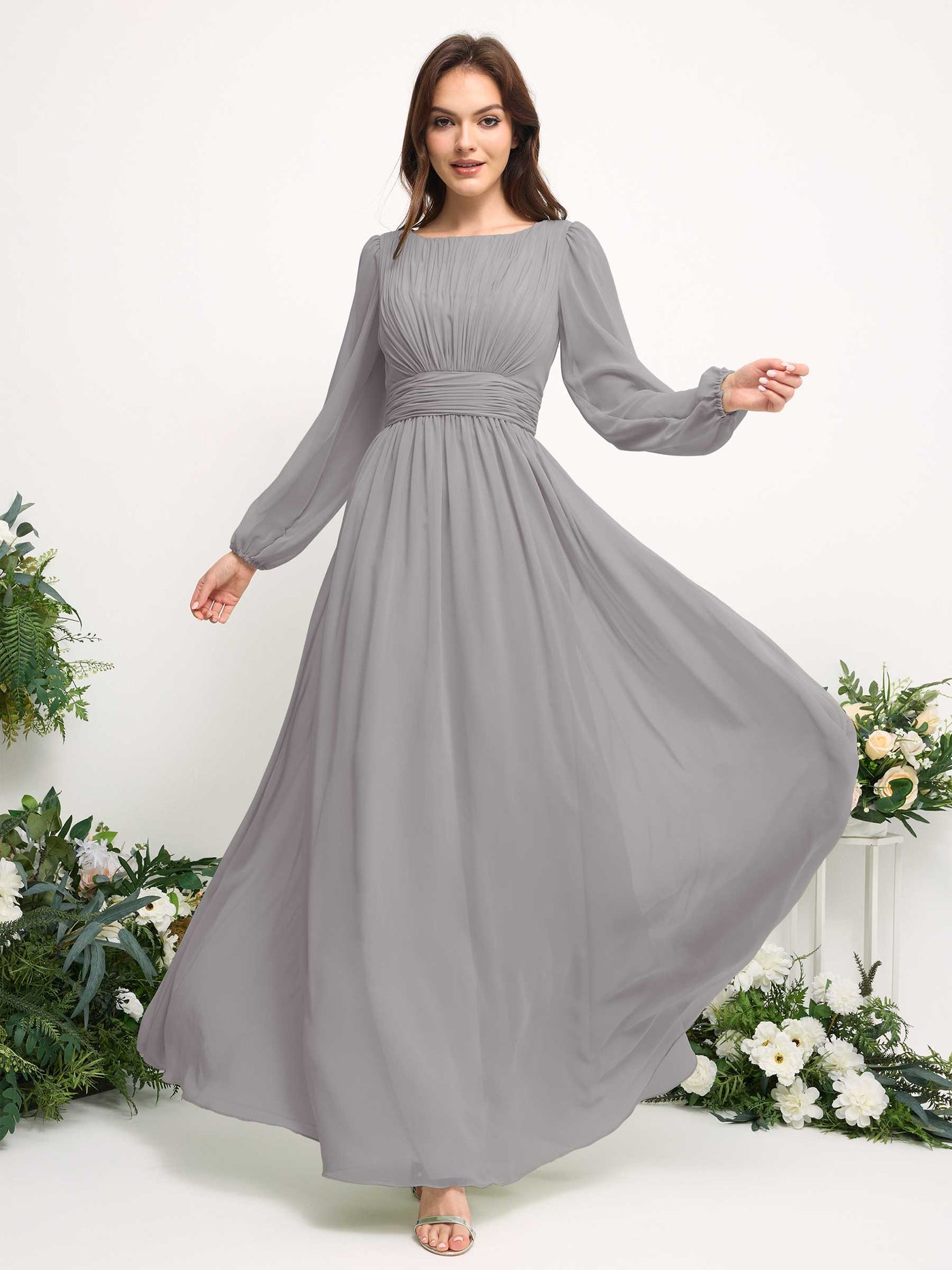 Boat Neck Long Sleeve Chiffon Maxi Dress | Elegant A-Line Bridesmaid & Wedding Guest Dress #color_dove