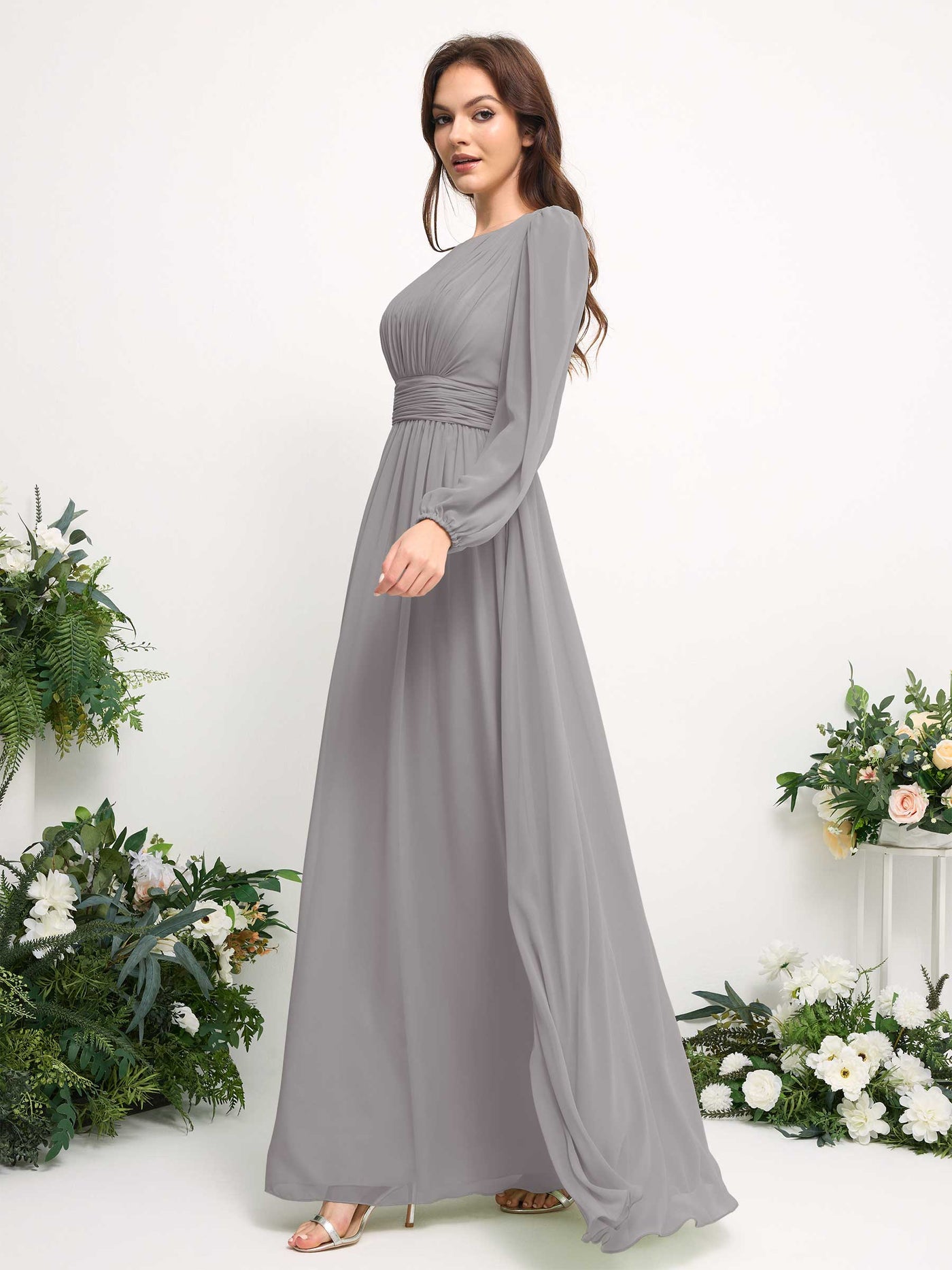 Boat Neck Long Sleeve Chiffon Maxi Dress | Elegant A-Line Bridesmaid & Wedding Guest Dress #color_dove