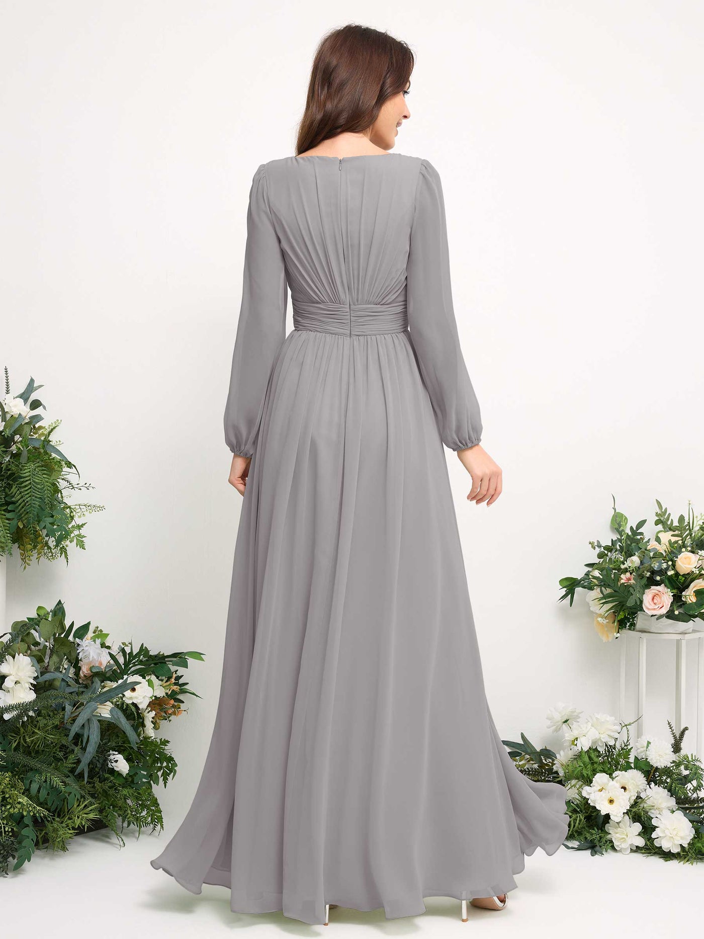 Boat Neck Long Sleeve Chiffon Maxi Dress | Elegant A-Line Bridesmaid & Wedding Guest Dress #color_dove