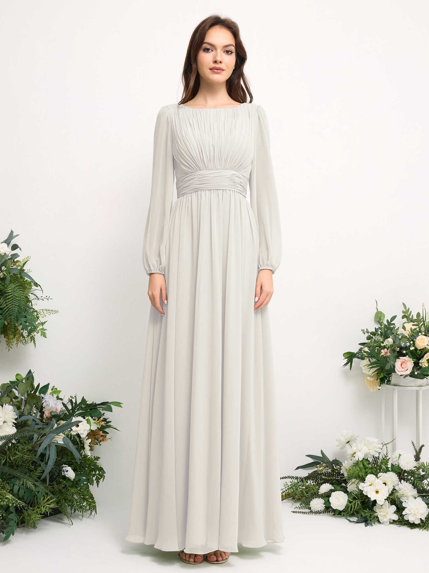 Boat Neck Long Sleeve Chiffon Maxi Dress | Elegant A-Line Bridesmaid & Wedding Guest Dress #color_ivory