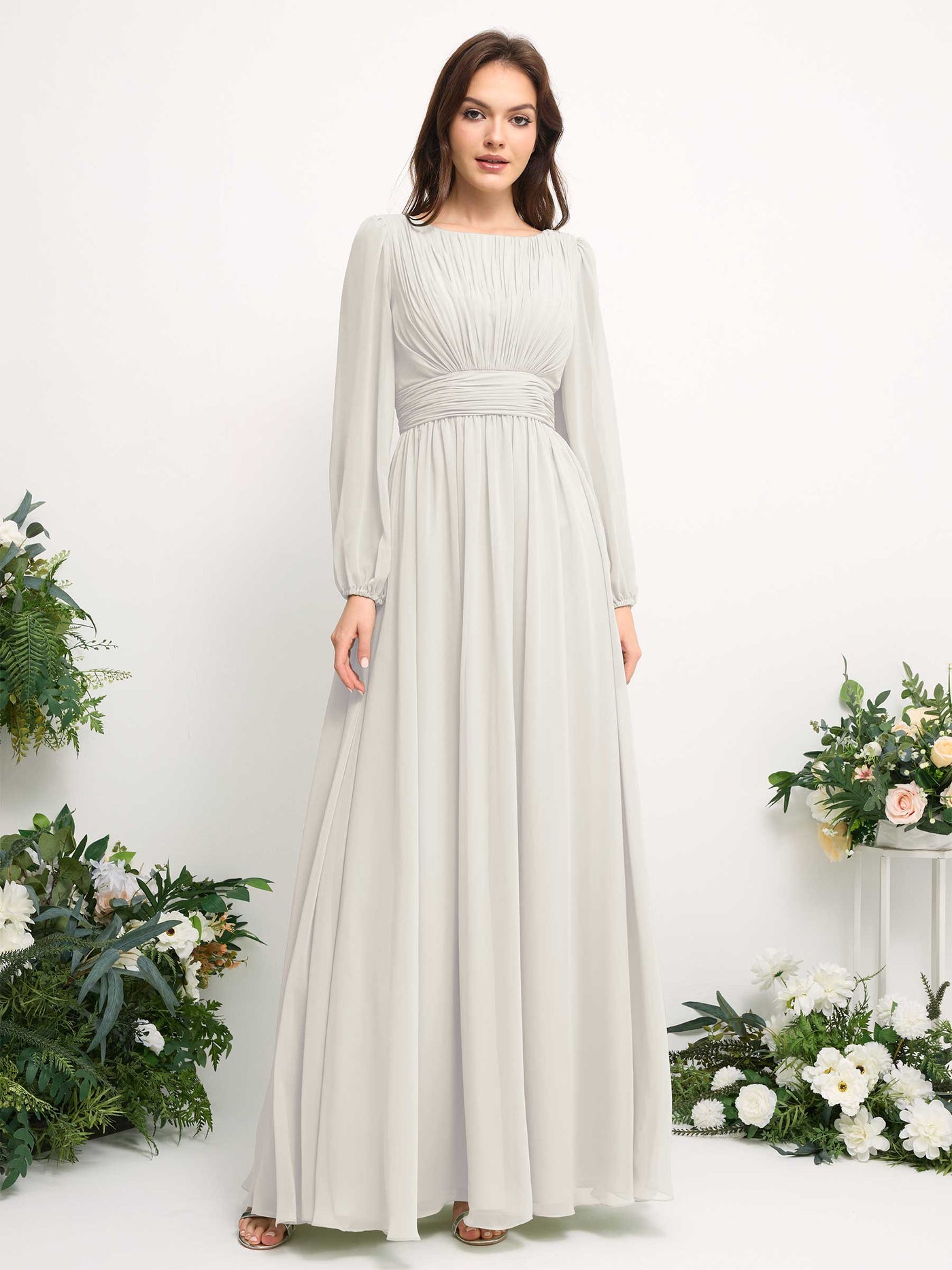 Boat Neck Long Sleeve Chiffon Maxi Dress | Elegant A-Line Bridesmaid & Wedding Guest Dress #color_ivory