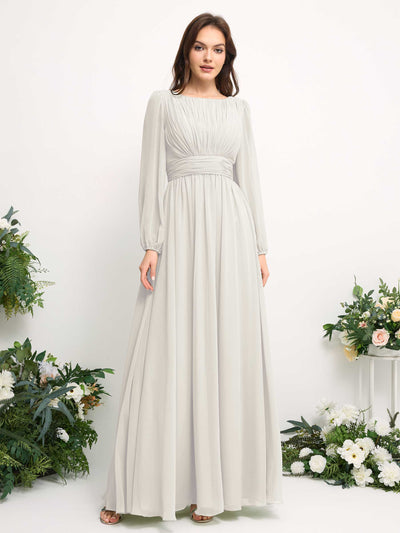 Boat Neck Long Sleeve Chiffon Maxi Dress | Elegant A-Line Bridesmaid & Wedding Guest Dress #color_ivory