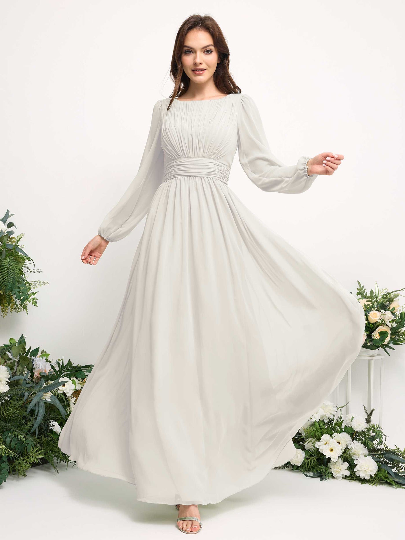 Boat Neck Long Sleeve Chiffon Maxi Dress | Elegant A-Line Bridesmaid & Wedding Guest Dress #color_ivory