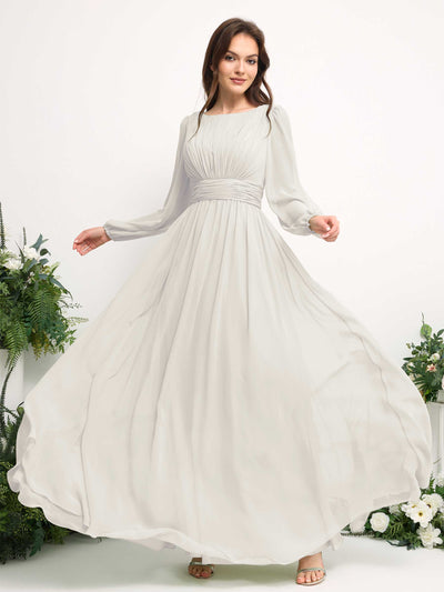 Boat Neck Long Sleeve Chiffon Maxi Dress | Elegant A-Line Bridesmaid & Wedding Guest Dress #color_ivory