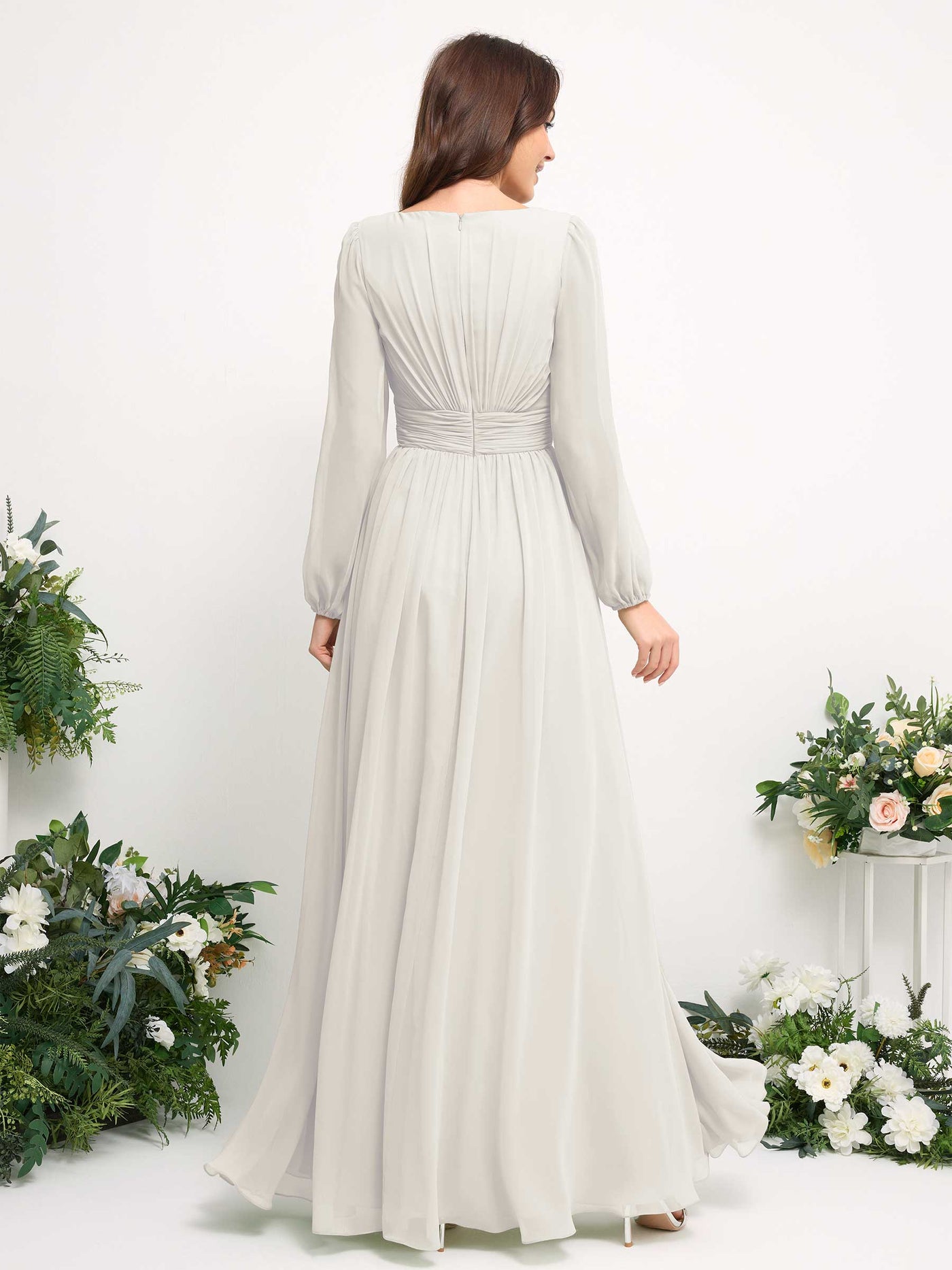 Boat Neck Long Sleeve Chiffon Maxi Dress | Elegant A-Line Bridesmaid & Wedding Guest Dress #color_ivory