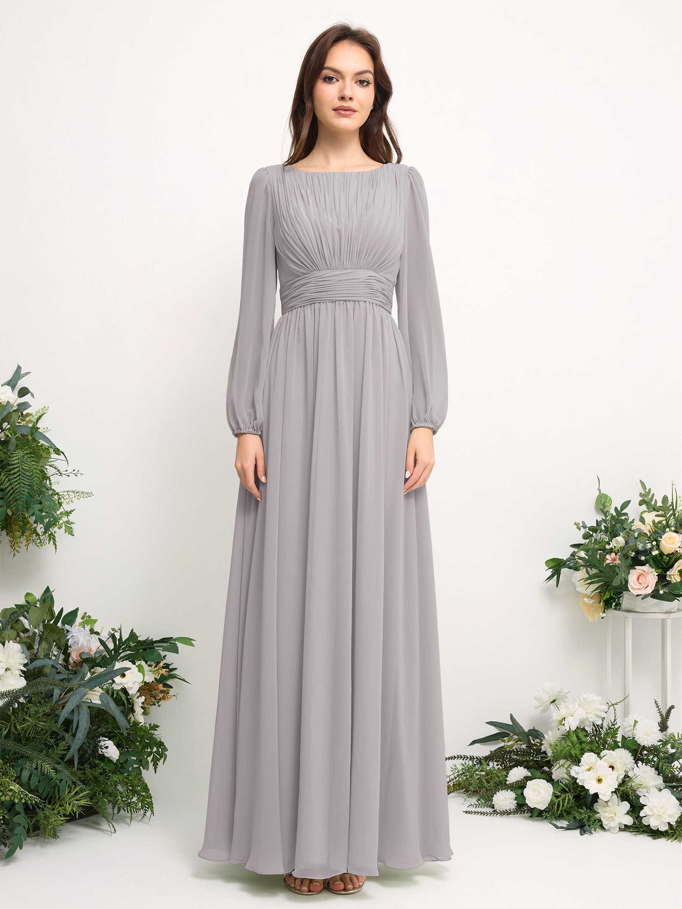 Boat Neck Long Sleeve Chiffon Maxi Dress | Elegant A-Line Bridesmaid & Wedding Guest Dress #color_silver