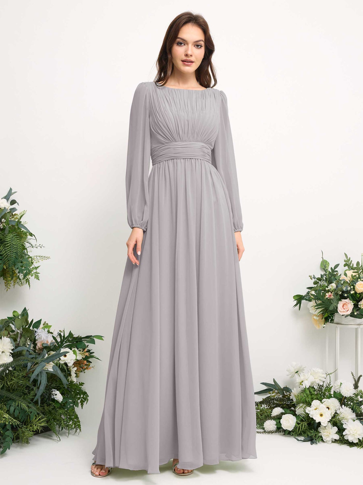 Boat Neck Long Sleeve Chiffon Maxi Dress | Elegant A-Line Bridesmaid & Wedding Guest Dress #color_silver