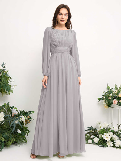 Boat Neck Long Sleeve Chiffon Maxi Dress | Elegant A-Line Bridesmaid & Wedding Guest Dress #color_silver