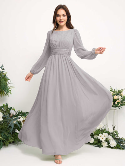 Boat Neck Long Sleeve Chiffon Maxi Dress | Elegant A-Line Bridesmaid & Wedding Guest Dress #color_silver