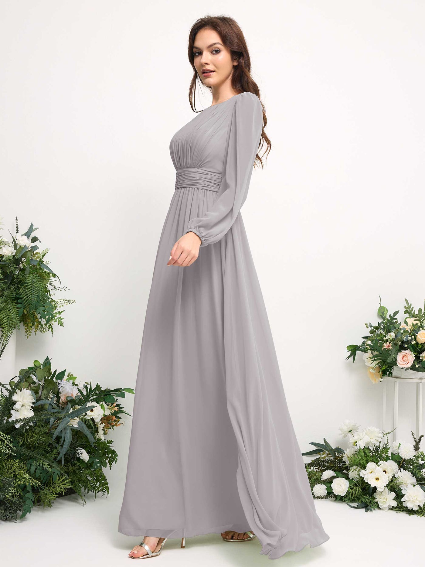 Boat Neck Long Sleeve Chiffon Maxi Dress | Elegant A-Line Bridesmaid & Wedding Guest Dress #color_silver