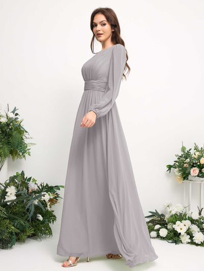 Boat Neck Long Sleeve Chiffon Maxi Dress | Elegant A-Line Bridesmaid & Wedding Guest Dress #color_silver