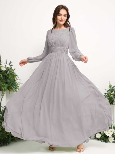 Boat Neck Long Sleeve Chiffon Maxi Dress | Elegant A-Line Bridesmaid & Wedding Guest Dress #color_silver