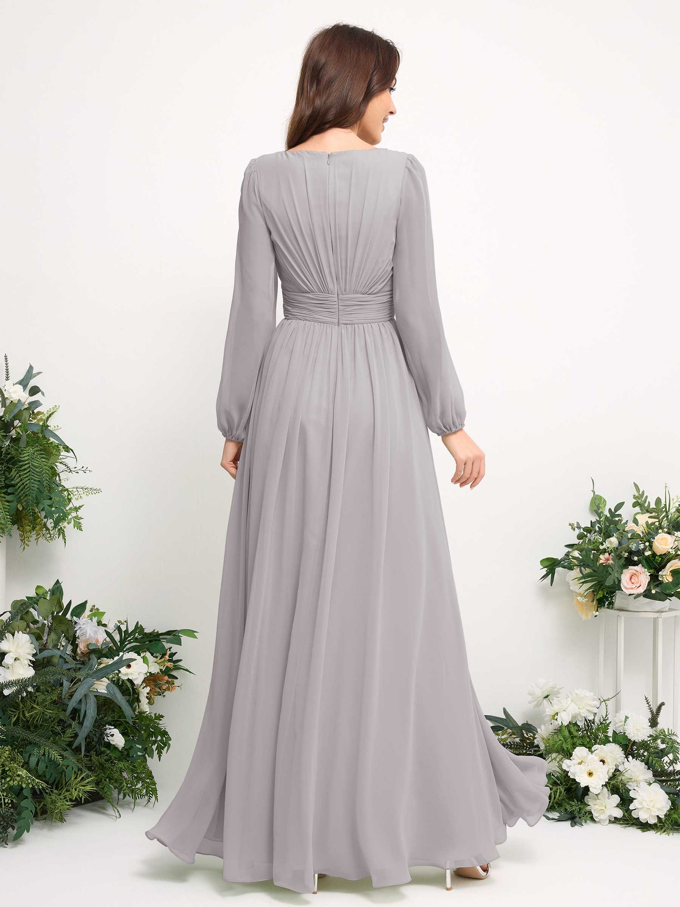 Boat Neck Long Sleeve Chiffon Maxi Dress | Elegant A-Line Bridesmaid & Wedding Guest Dress #color_silver