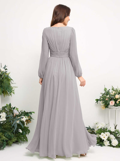 Boat Neck Long Sleeve Chiffon Maxi Dress | Elegant A-Line Bridesmaid & Wedding Guest Dress #color_silver