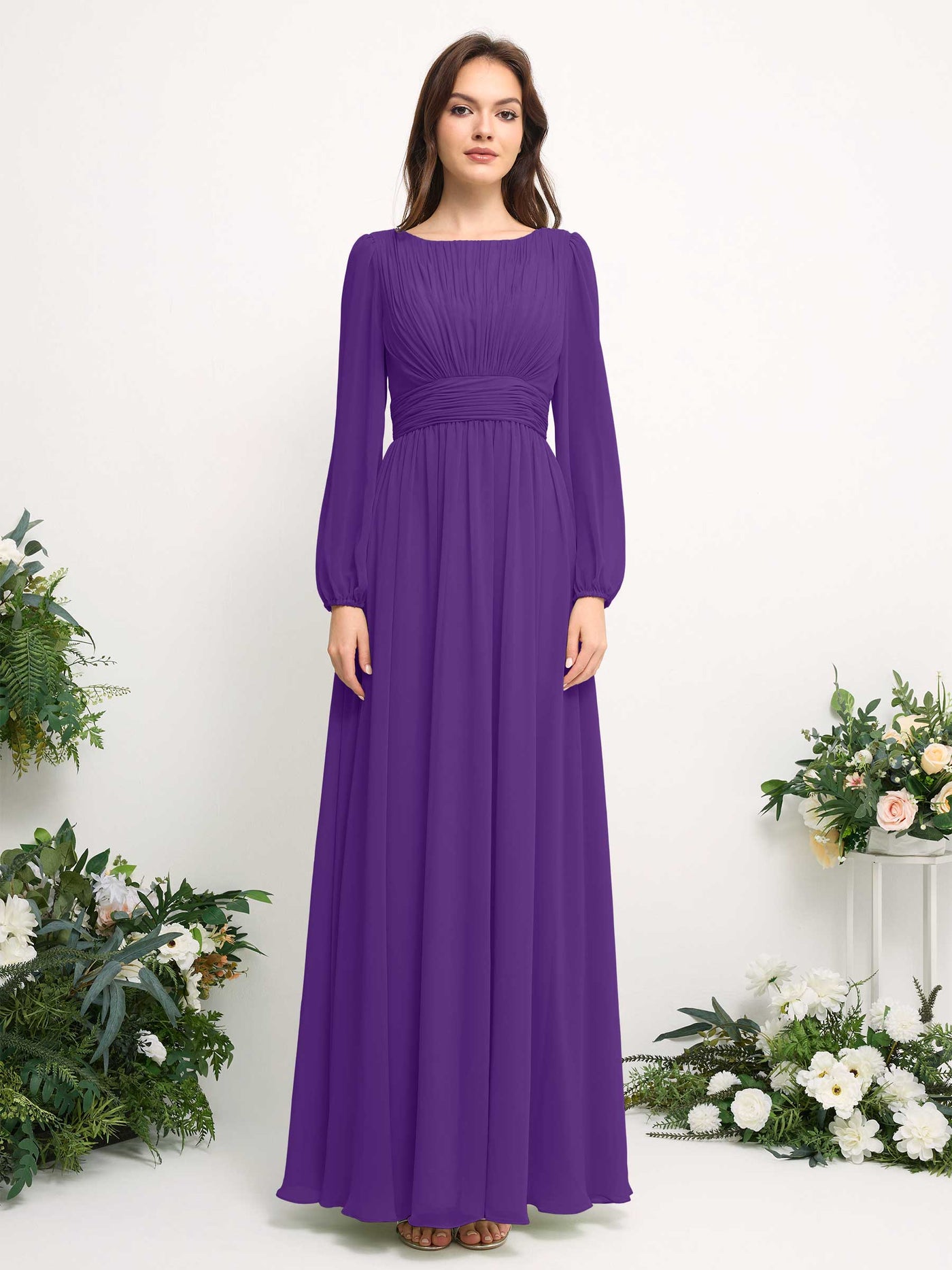 Boat Neck Long Sleeve Chiffon Maxi Dress | Elegant A-Line Bridesmaid & Wedding Guest Dress #color_regency