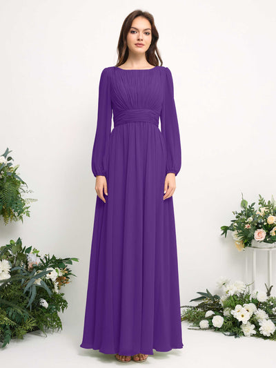 Boat Neck Long Sleeve Chiffon Maxi Dress | Elegant A-Line Bridesmaid & Wedding Guest Dress #color_regency