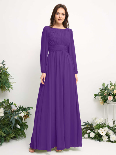 Boat Neck Long Sleeve Chiffon Maxi Dress | Elegant A-Line Bridesmaid & Wedding Guest Dress #color_regency
