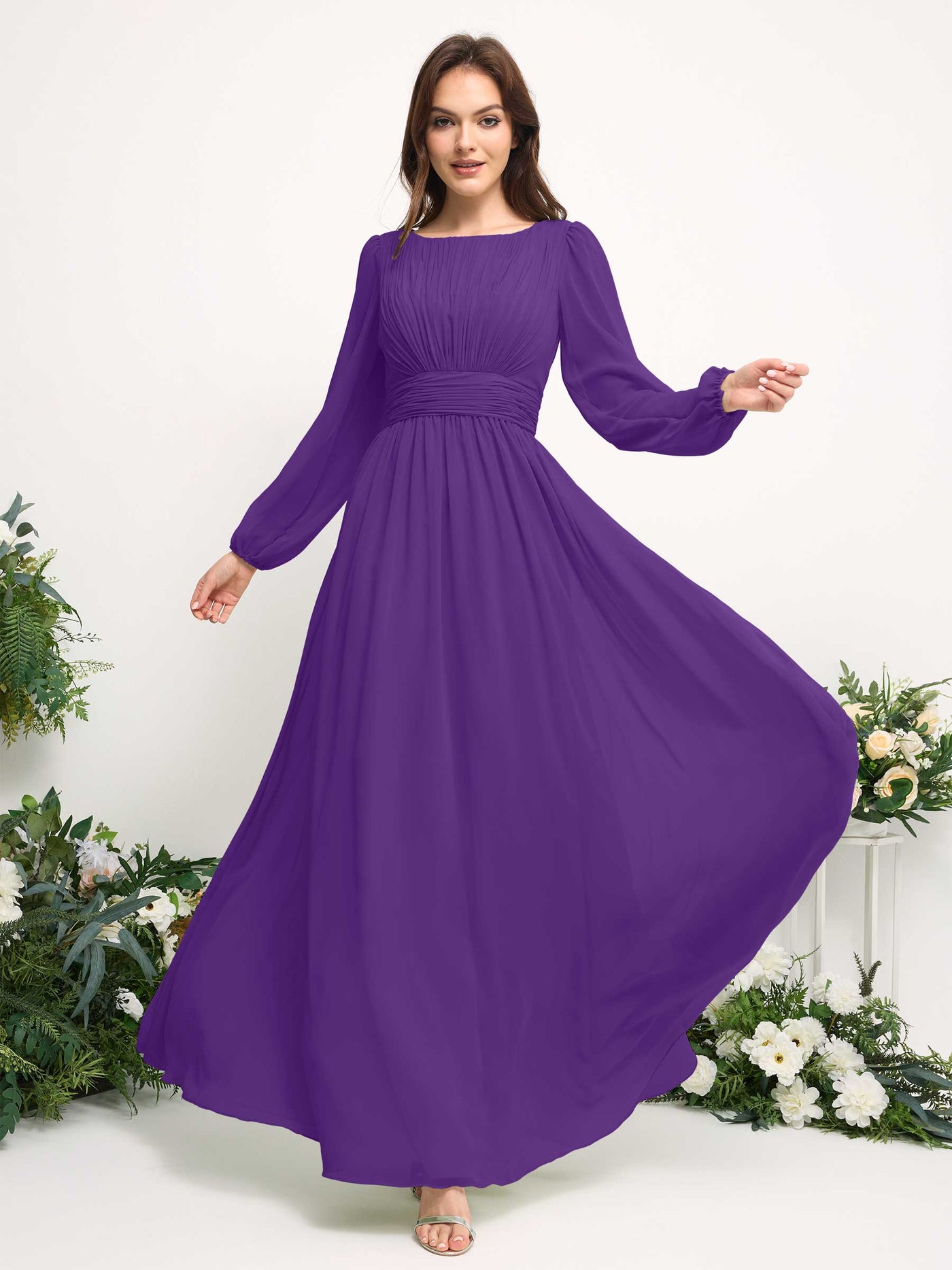 Boat Neck Long Sleeve Chiffon Maxi Dress | Elegant A-Line Bridesmaid & Wedding Guest Dress #color_regency